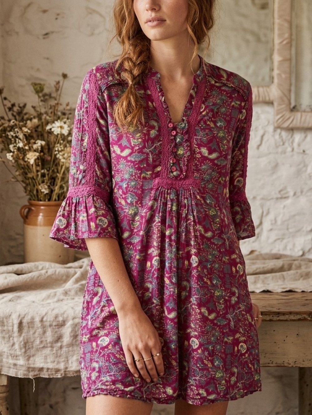 April Cornell Chinoiserie Berry Magenta Floral Tunic Dress Rayon XS Cottagecore
